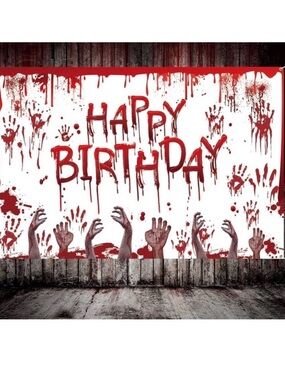 Happy Birthday Photo Backdrop 70” x 88” Zombie Theme & Figures Party Time!